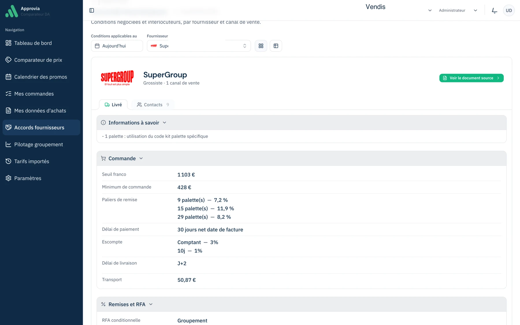 Fiche fournisseur : onglets par canal de vente et sections repliables (informations, commande, remises).